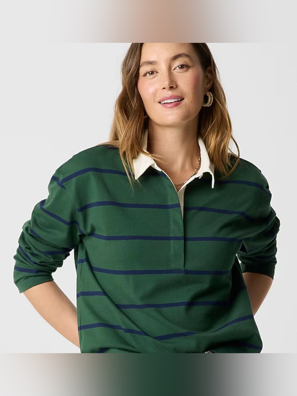 J. Crew Classic Green Striped Rugby Polo Top XS Preppy White Collared